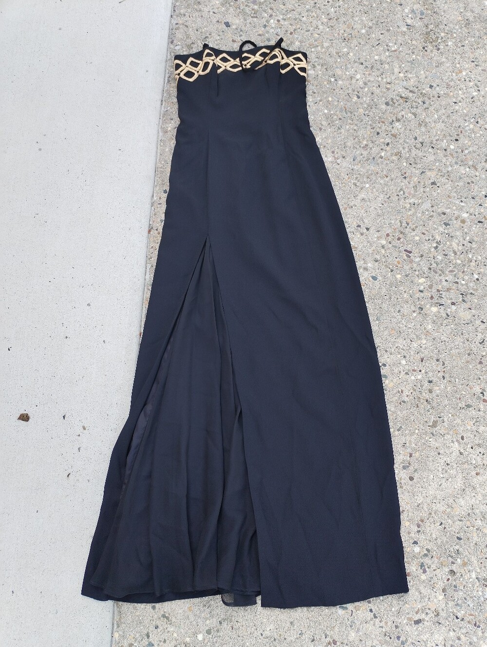 Vintage Pilar Rossi Black Strapless Evening Gown Dress Size 4 Gold Trim Formal